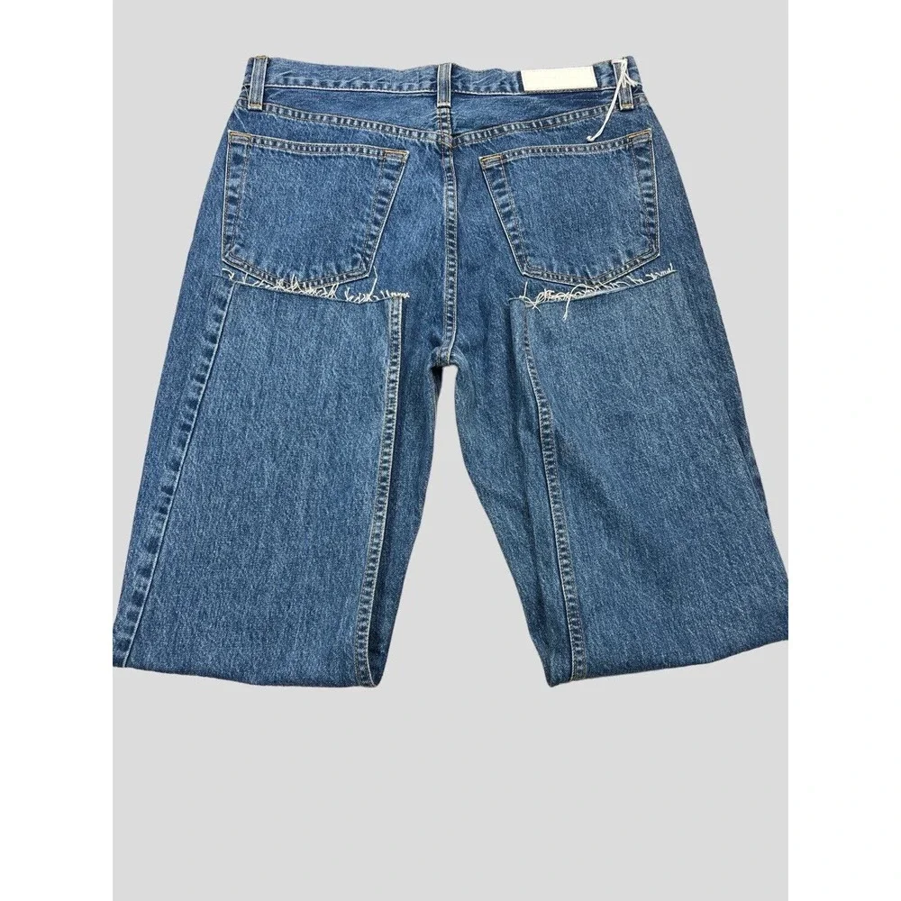 REDONE Originals High Rise Stove Pipe Cotton Button-Fly Raw Hem Blue Jeans 30‎